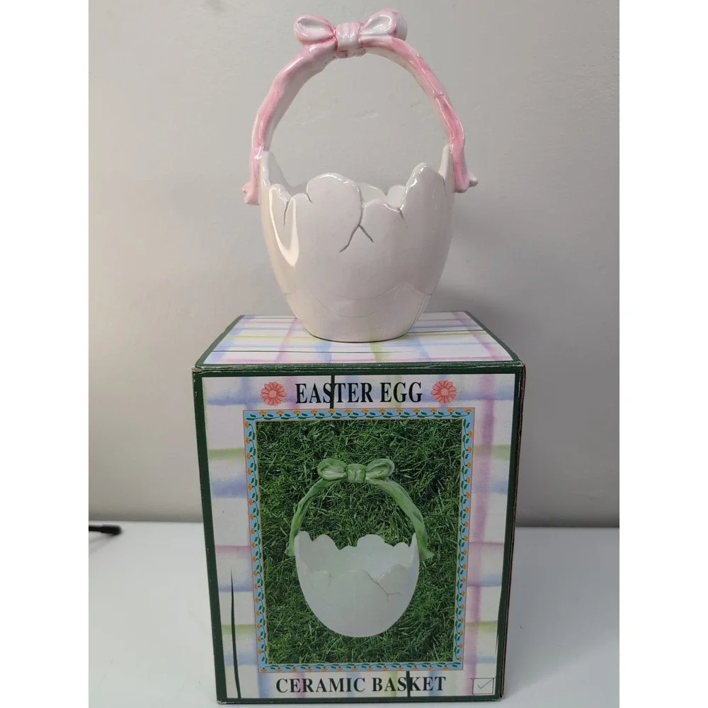 Ceramic Egg Basket, Easter, In‎ Original Box & Packaging, Pink Bow Vintage